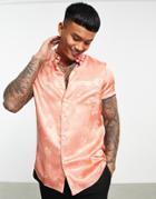 Asos Design Regular Satin Jacquard Shirt In Coral-pink