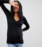 Asos Design Maternity Long Sleeve Top With Ruched Front-black