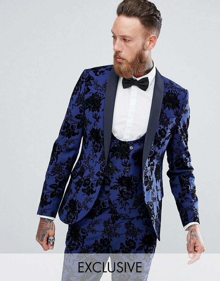 Noose & Monkey Super Skinny Suit Jacket In Flocking - Blue