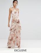 Hope & Ivy Printed Satin Maxi Dress With Cutaway Neck Detail - Multi