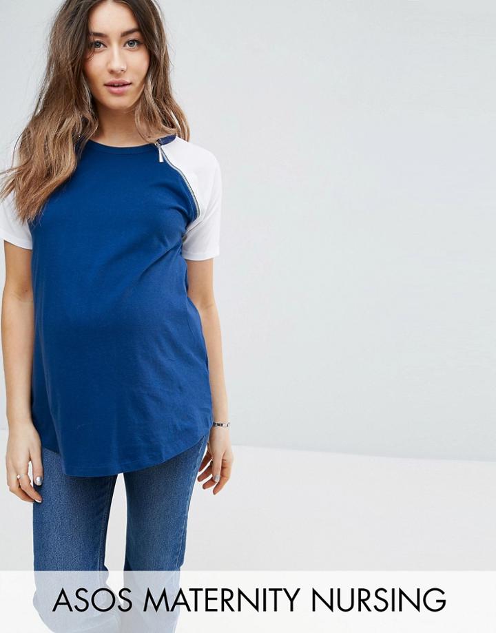 Asos Maternity Nursing Color Block T-shirt With Zip Detail - Navy