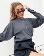 Asos Weekend Collective Oversized T-shirt With Long Sleeve With Puff Print Logo In Charcoal-grey