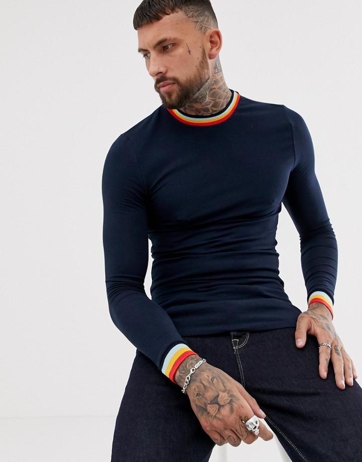 Asos Design Muscle Fit Longline Long Sleeve T-shirt With Rainbow Tipping In Navy - Navy
