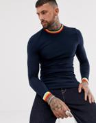 Asos Design Muscle Fit Longline Long Sleeve T-shirt With Rainbow Tipping In Navy - Navy