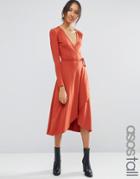 Asos Tall Midi Wrap Tea Dress With Long Sleeves - Orange