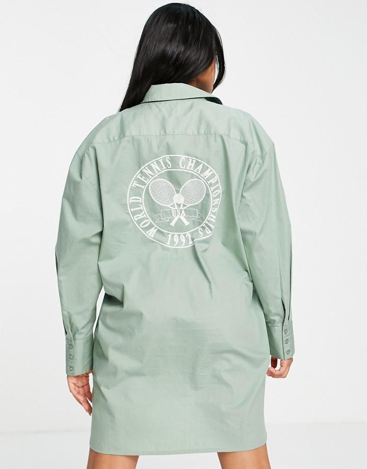 Asos Design Cotton Mini Shirt Dress With Tennis Logo In Duck Egg-blues