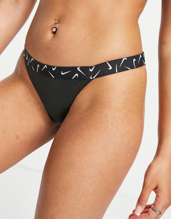 Nike Swimming Swoosh Taped Bikini Bottoms In Black