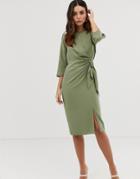 Asos Design Wrap Detail Midi Dress With Long Sleeves