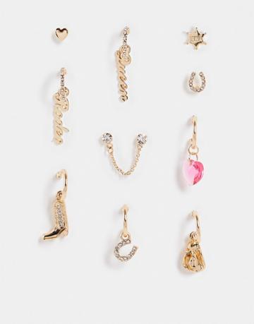 Asos Design Pack Of 10 Single Earrings In Cowgirl Designs In Gold Tone