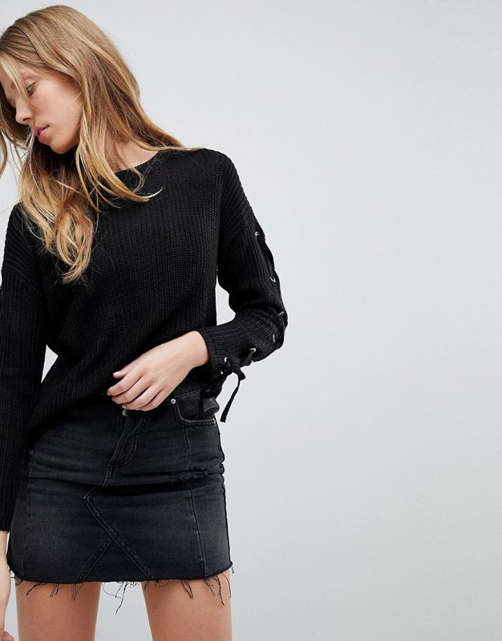 Brave Soul Sweater With Eyelet And Ring Sleeve Detail - Black