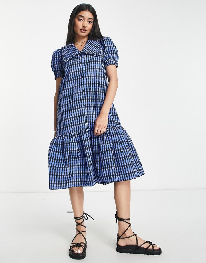 Urban Revivo Collared Smock Dress In Blue Plaid Print