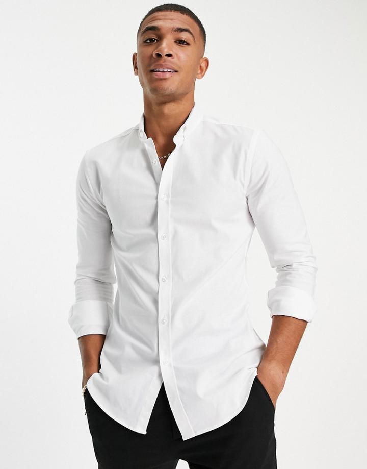 New Look Long Sleeve Muscle Fit Oxford Shirt In White