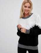 Wild Flower Ribbed Sweater With Lace Detail-black