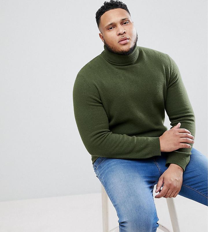 Asos Plus Lambswool Roll Neck Sweater In Dark Green - Green