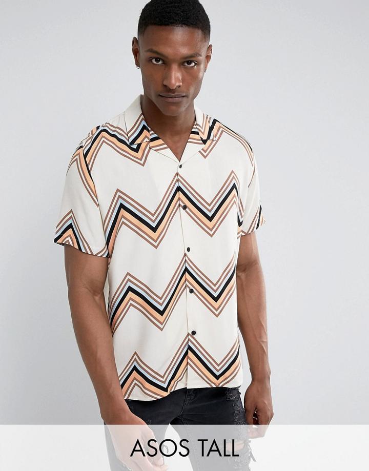 Asos Tall Regular Fit Viscose Chevron Stripe Shirt In White - White