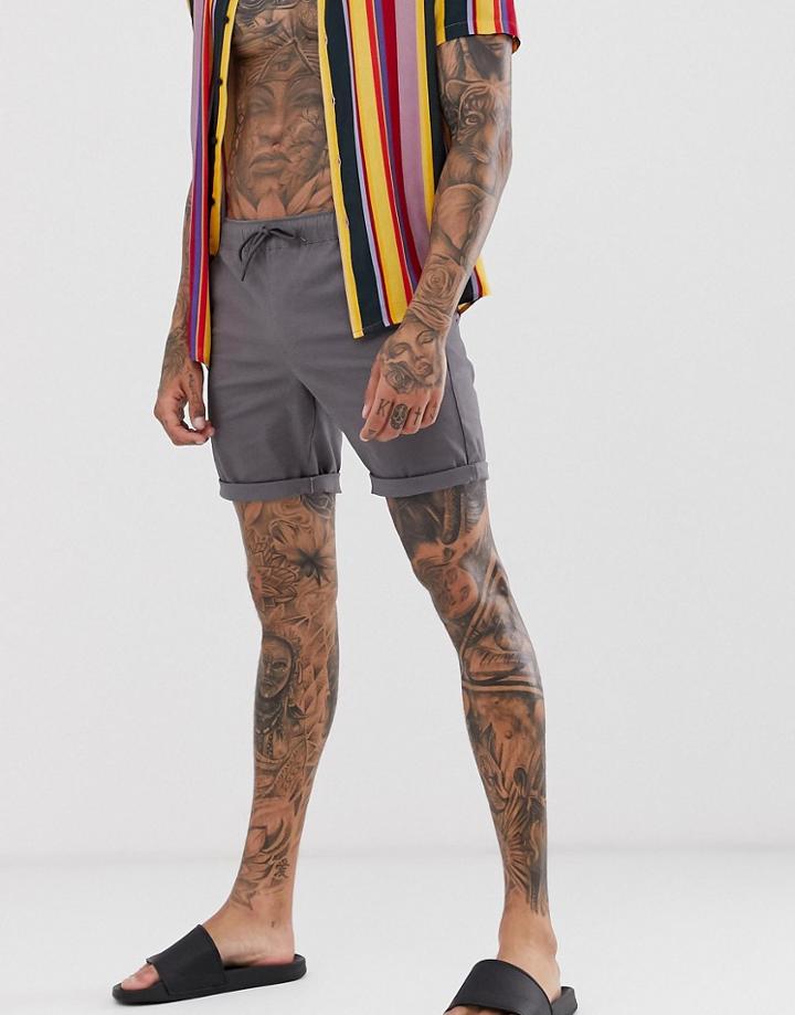 Asos Design Slim Chino Shorts With Elastic Waist In Gray - Gray