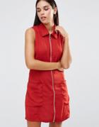 Ax Paris Zip Front Pocket Dress - Red
