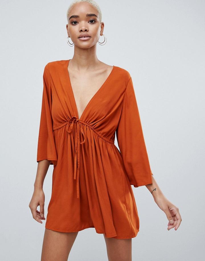 Asos Design Smock Romper With Tie Detail - Red