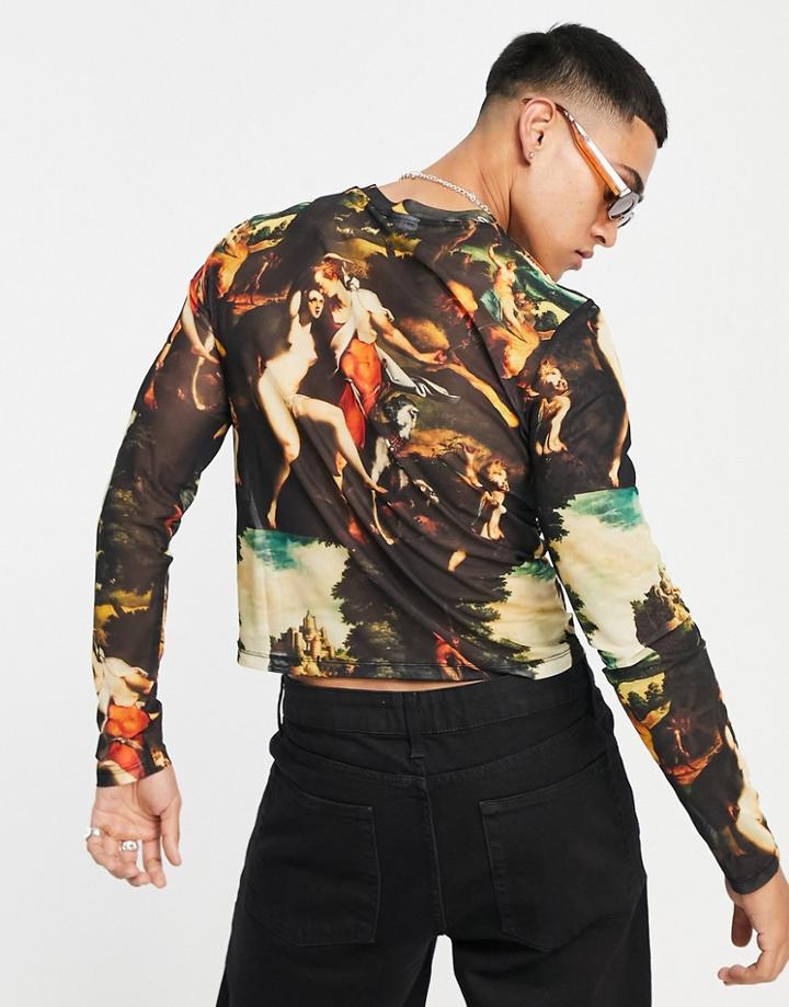 Asos Design Muscle Long Sleeve T-shirt In Printed Mesh In Recycled Polyester-black