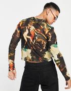 Asos Design Muscle Long Sleeve T-shirt In Printed Mesh In Recycled Polyester-black