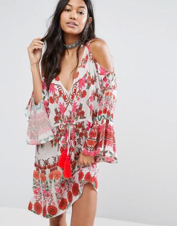 Island Stories Embroidered Cold Shoulder Beach Dress With Tassel Detail - Multi