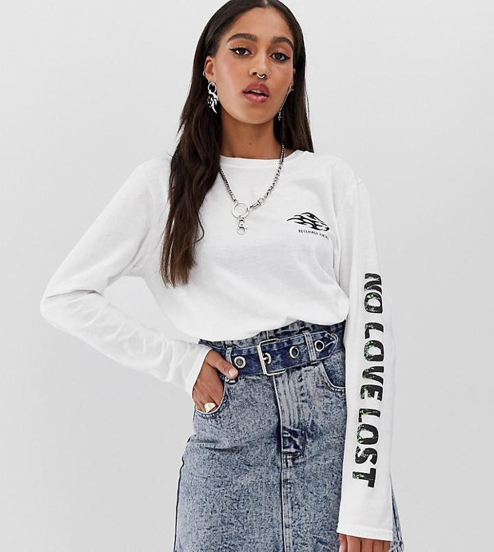 Reclaimed Vintage Inspired Long Sleeve T-shirt With No Love Lost Puff Print - White