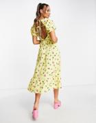 Neon Rose Open Back Midi Tiered Smock Dress In Lemon Fruit Print-yellow