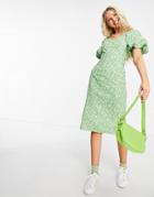 Urban Revivo Puff Sleeve Midi Dress In Green Floral