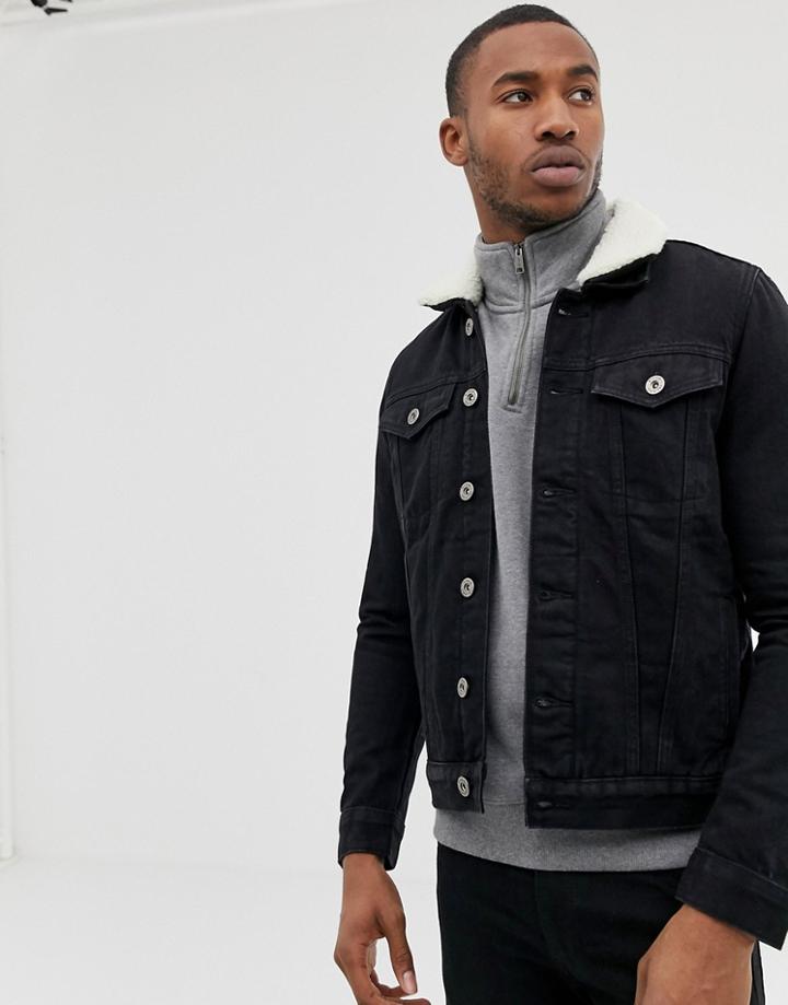 River Island Fleece Lined Denim Jacket In Black
