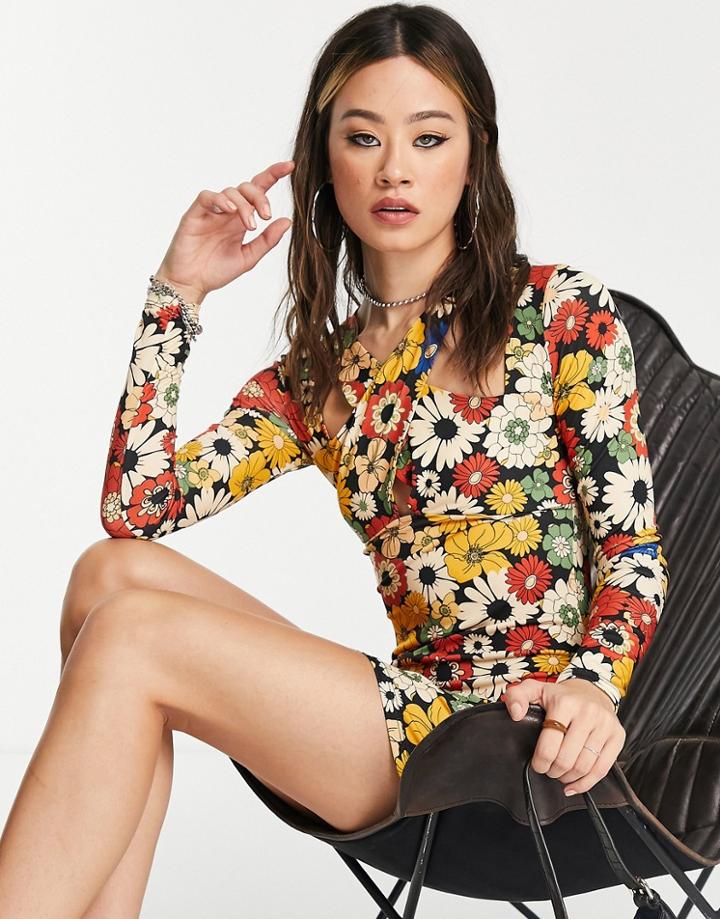 Bershka Cross Strap Detail Long Sleeve Mini Dress In Bold Retro Floral-multi