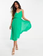 Asos Design Pleated Cami Midi Dress With Drawstring Waist In Emerald Green