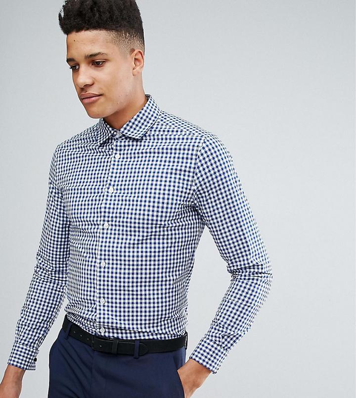 Asos Tall Stretch Slim Check Shirt With Cutaway Collar In Blue - Blue
