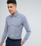 Asos Tall Stretch Slim Check Shirt With Cutaway Collar In Blue - Blue
