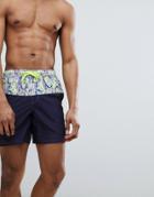 Asos Design Swim Shorts In Cut & Sew With Geo-tribal Print In Mid Length - Navy
