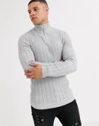 Asos Design Muscle Fit Cable Half Zip Sweater In Light Gray
