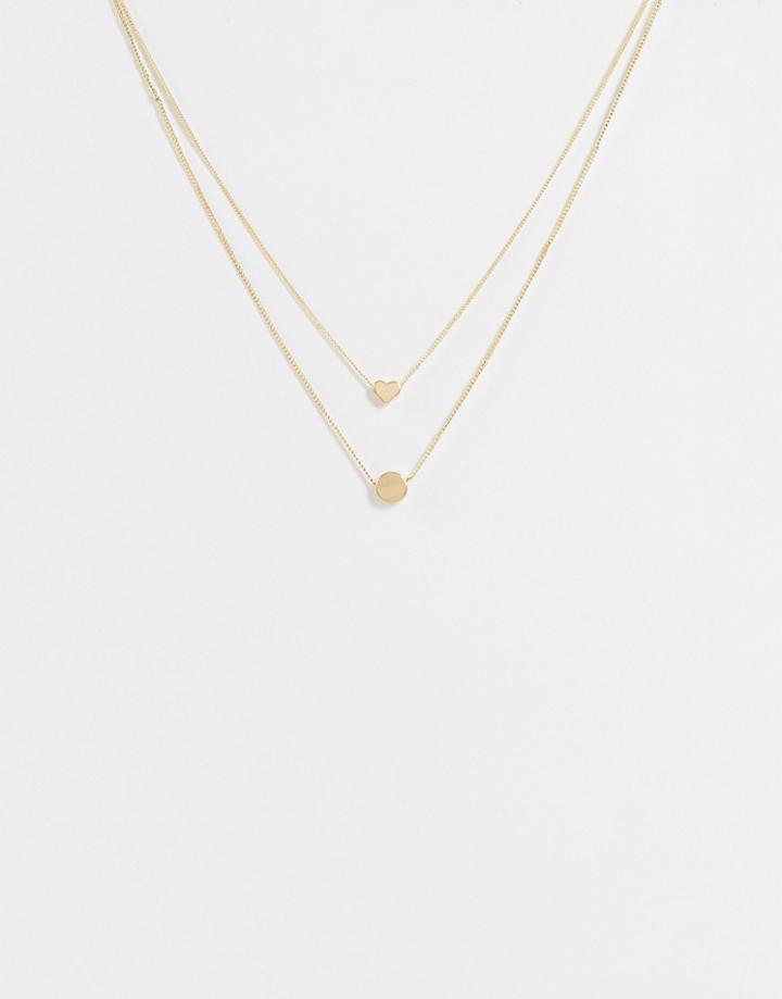 Asos Design 2-pack Necklaces With Heart And Disc In Gold Tone