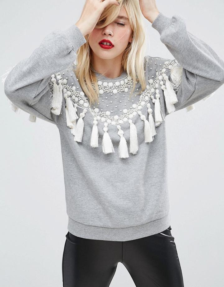 Asos Sweatshirt With Fringing And Embellishment - Cream