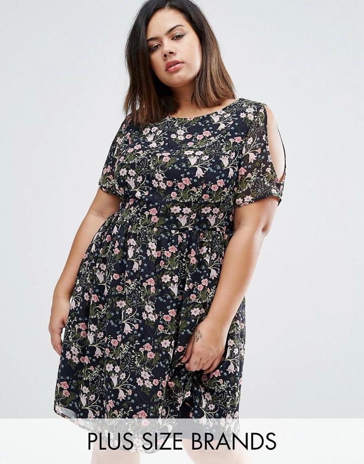 Koko Plus Skater Dress With Cold Shoulder In Floral Print - Navy