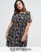Koko Plus Skater Dress With Cold Shoulder In Floral Print - Navy