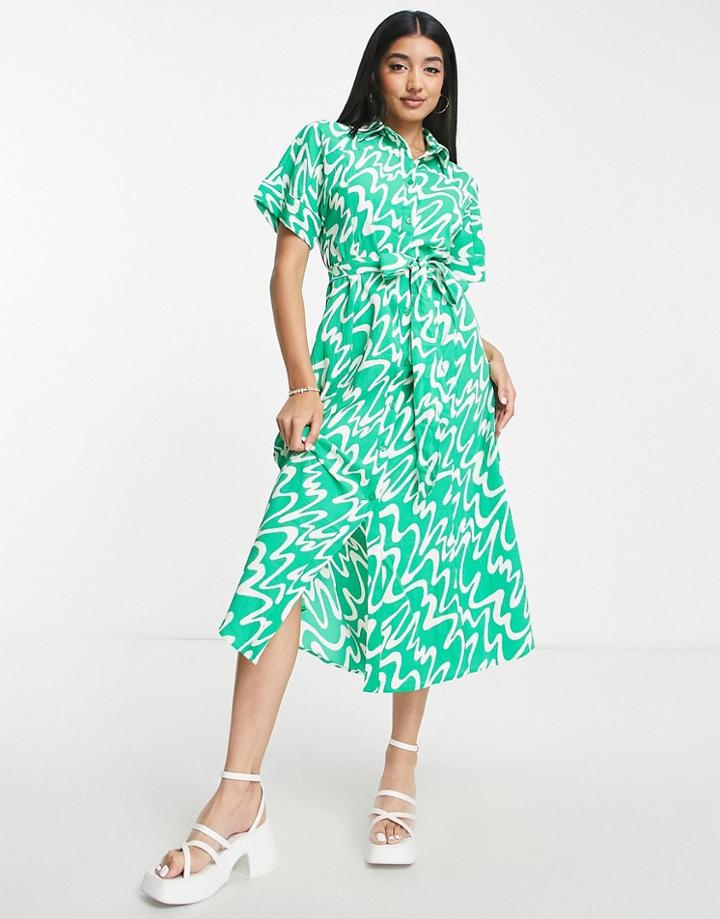 Monki Shirt Dress In All Over Print-green