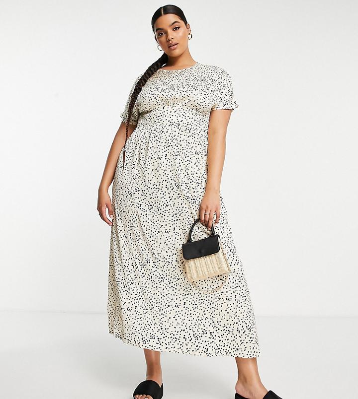 Lola May Plus Short Sleeve Smock Dress With Shirring In Cream Floral-white