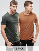 Asos T-shirt With Crew Neck 2 Pack Save 17% In Khaki/rust Red