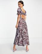 Asos Design Satin Midi Tea Dress With Tie Front In Wine Zebra Print-multi