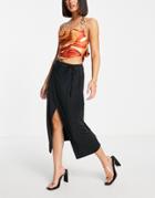 River Island Satin Wrap Midi Skirt In Black