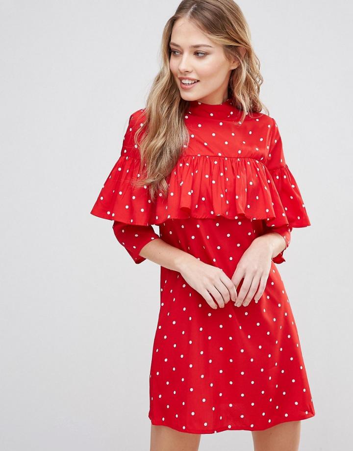 Influence Ruffle Front High Neck Shift Dress - Red