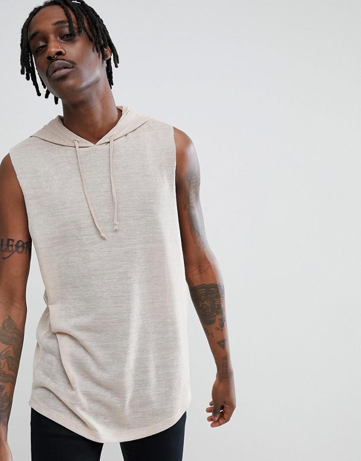 Asos Sleeveless Hooded T-shirt With Dropped Armhole And Curved Hem In Linen Look Fabric - Beige
