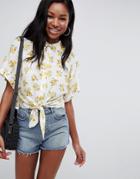 Asos Design Tie Front Shirt In Ditsy Floral - Multi