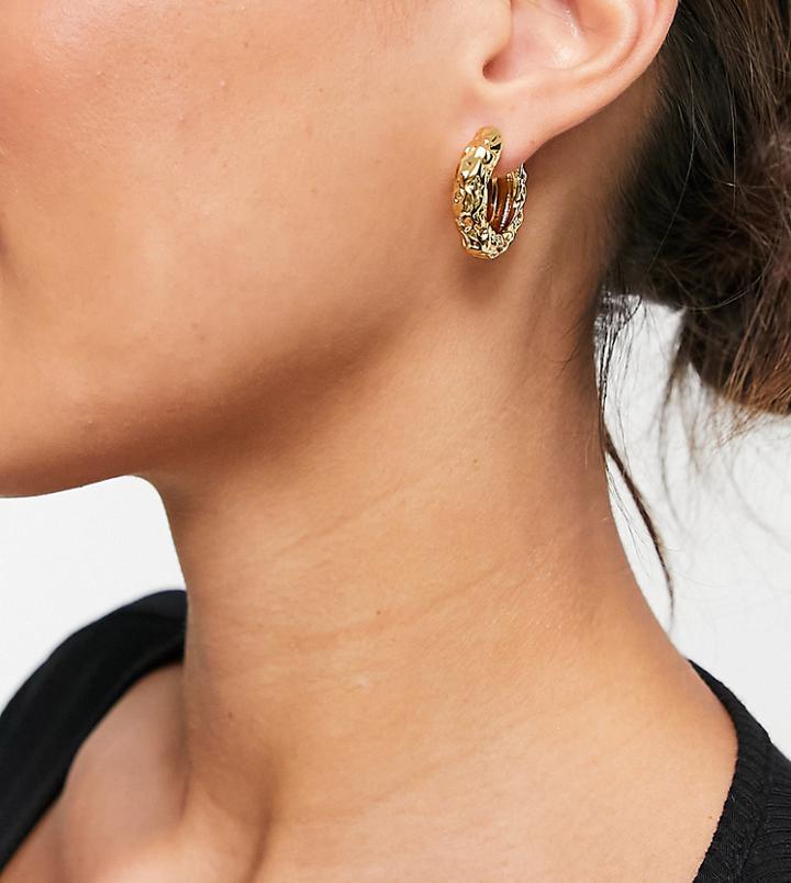 Asos Design 14k Gold Plated Hinge Hoop Earrings In Carved Texture