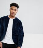 Asos Tall Bomber Jacket In Quilted Puffer Velour - Navy