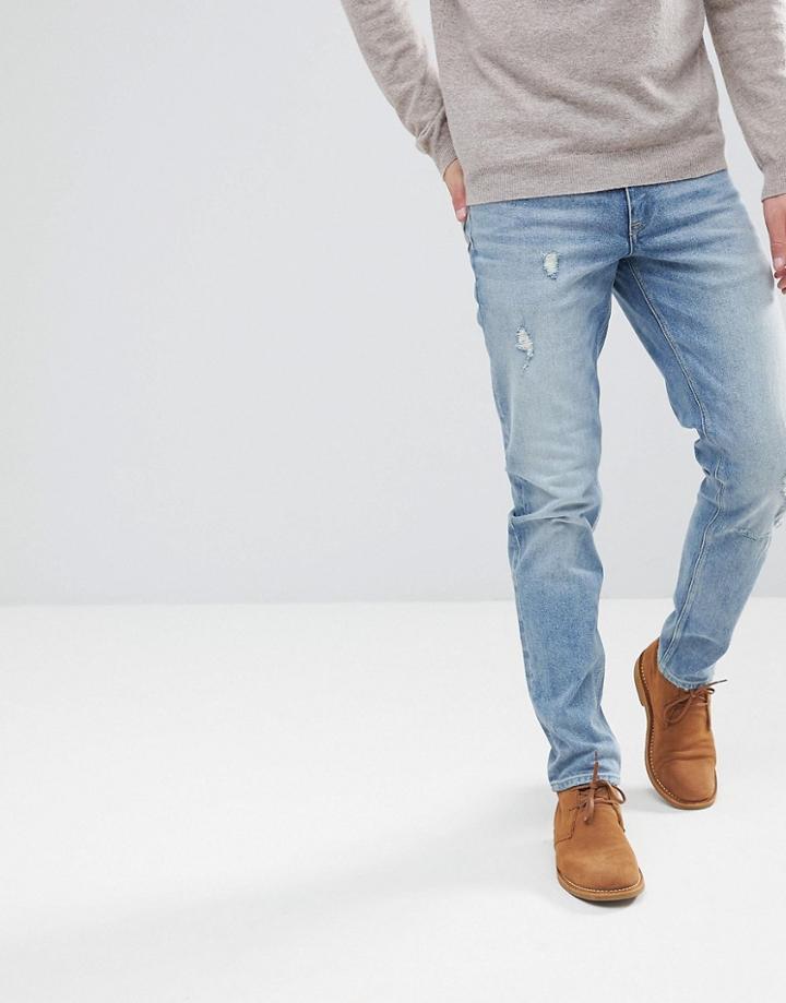Asos Stretch Slim Jeans In Mid Wash With Abrasions - Blue